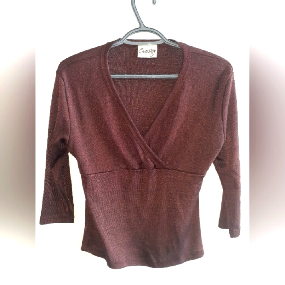 Wrap-style shiny shirt, 3/4 length sleeves, shimmering rich copper colour. Small